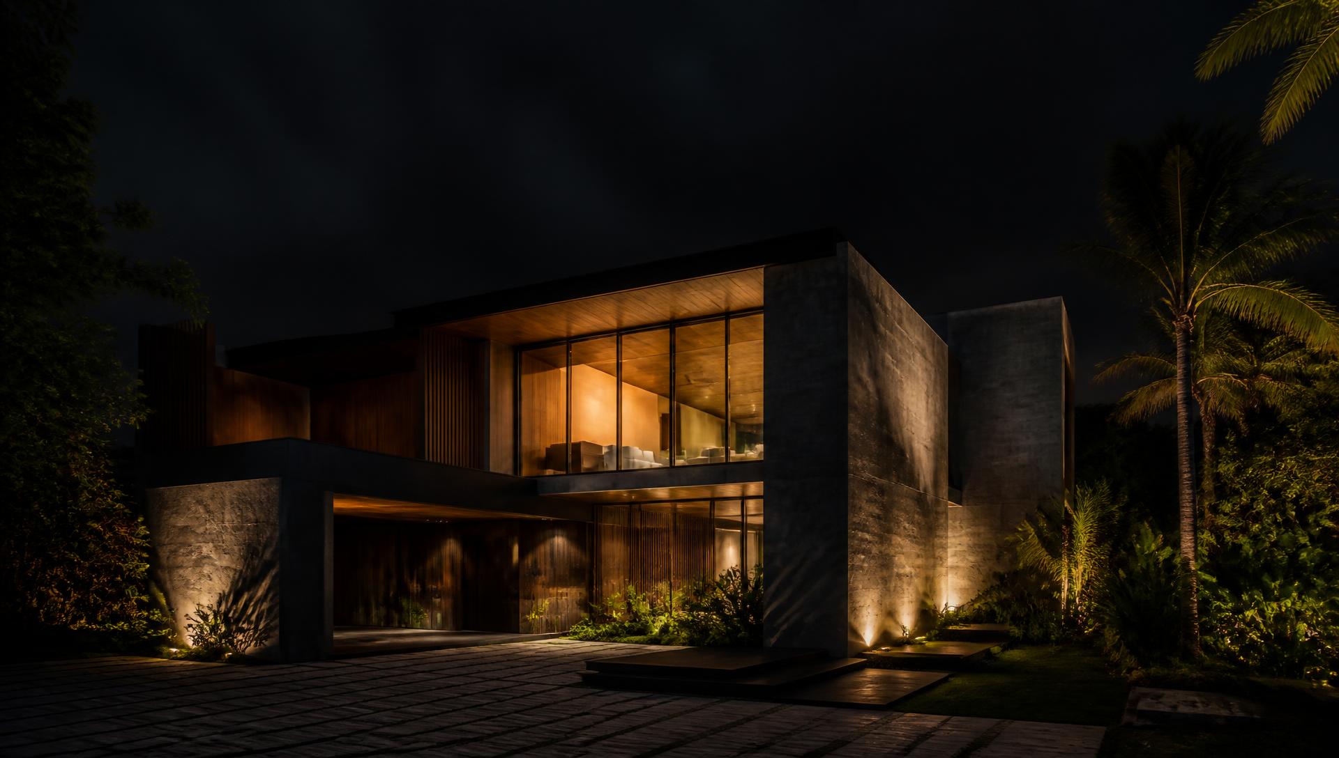 Contemporary tropical residence at dusk with warm interior light