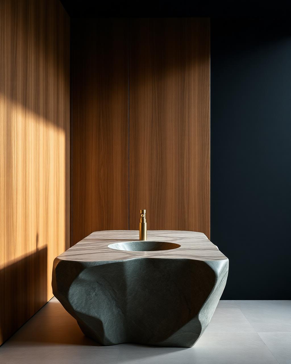 Sculptural stone basin against warm timber panelling