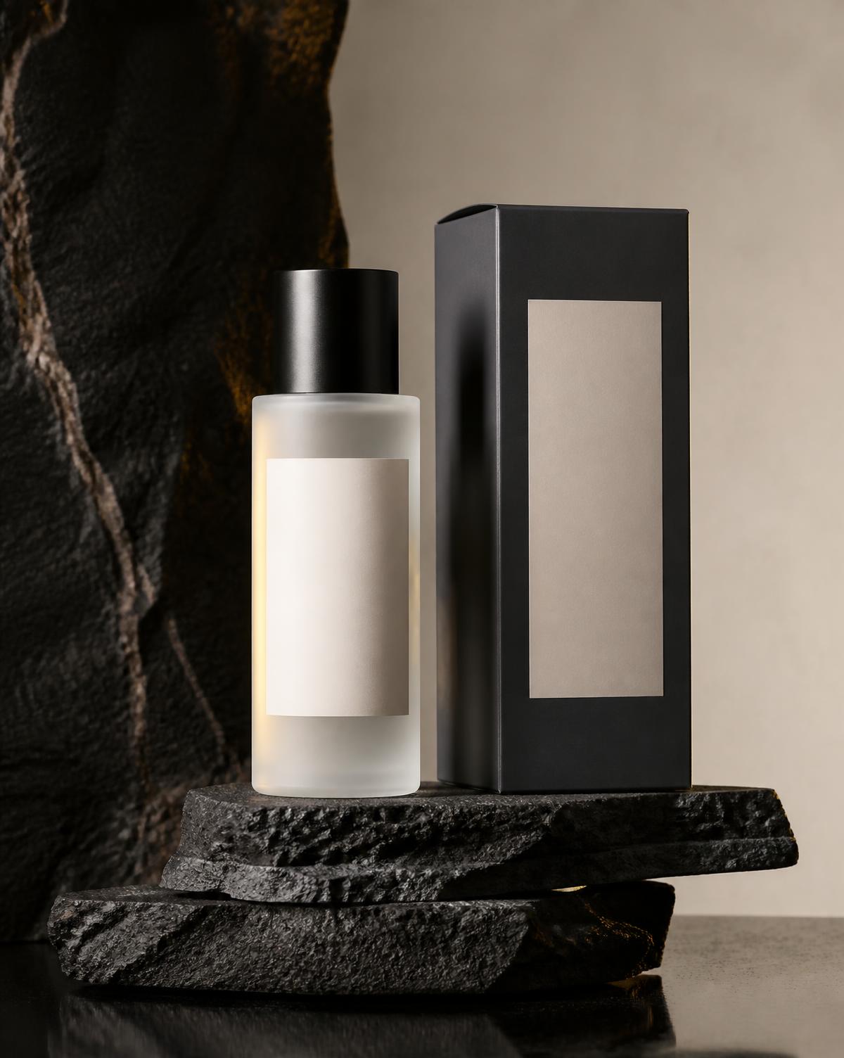 Skincare packaging on dark stone